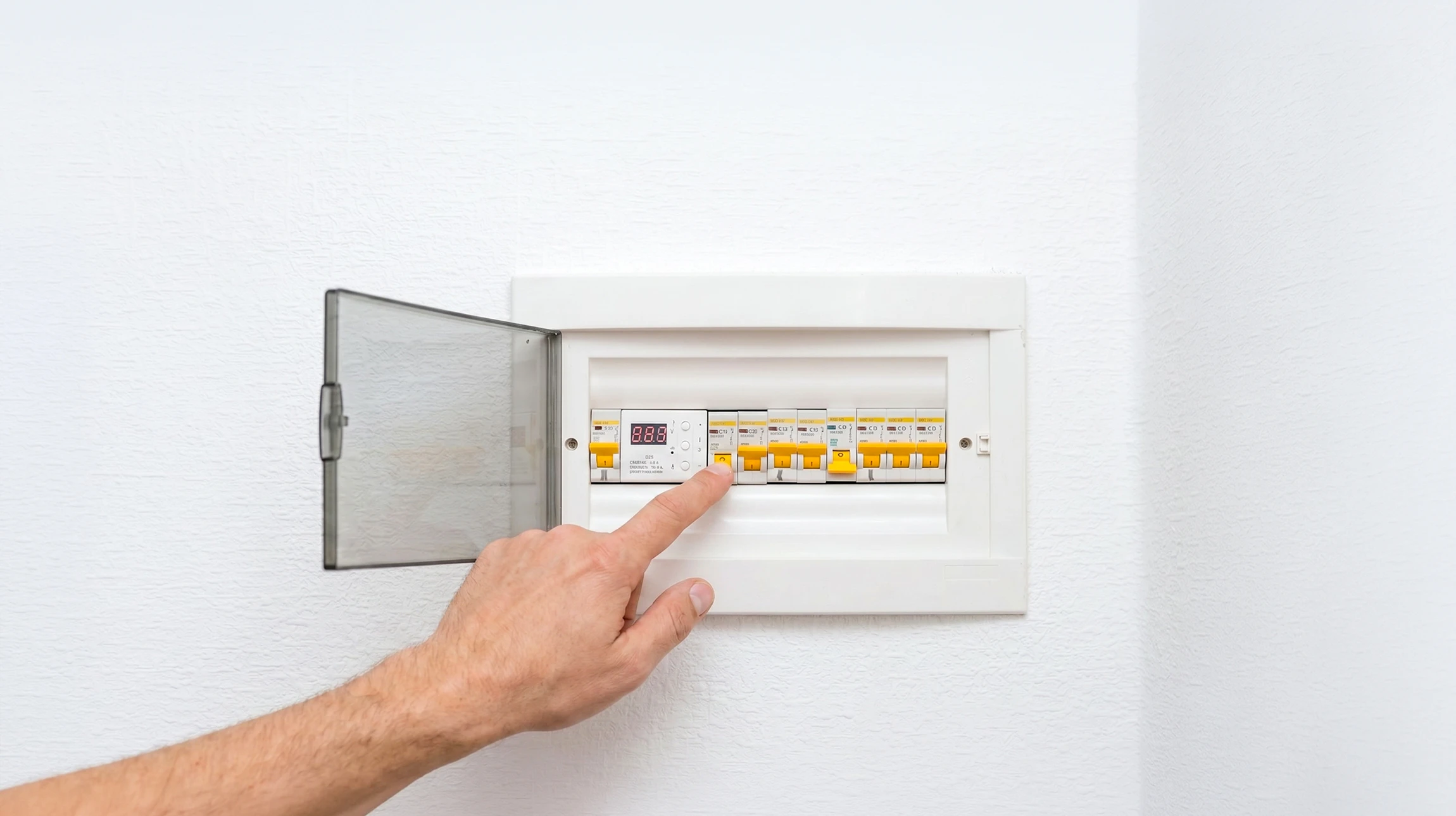 Électricien professionnel effectuant des mesures électriques dans un intérieur résidentiel
