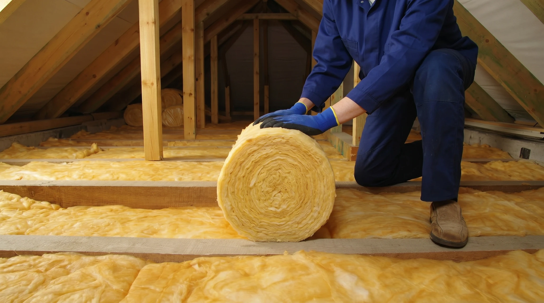 Ouvrier en combinaison bleue installant de l'isolant thermique jaune dans les combles d'une habitation
